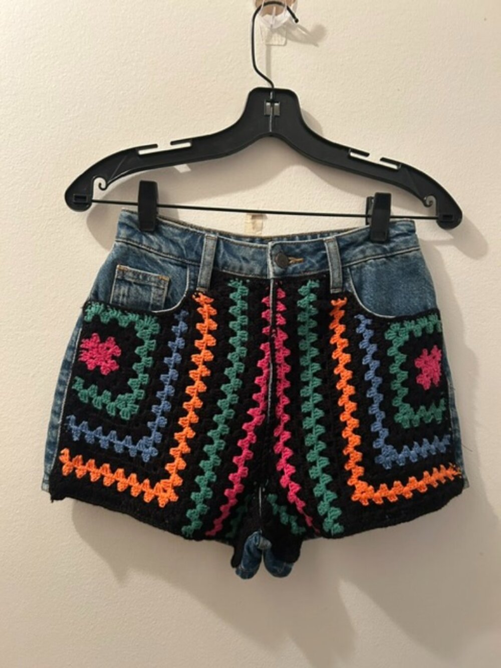 Farm Rio x Anthropologie Multi Color Crochet Paneled Denim High Rise Jean Shorts